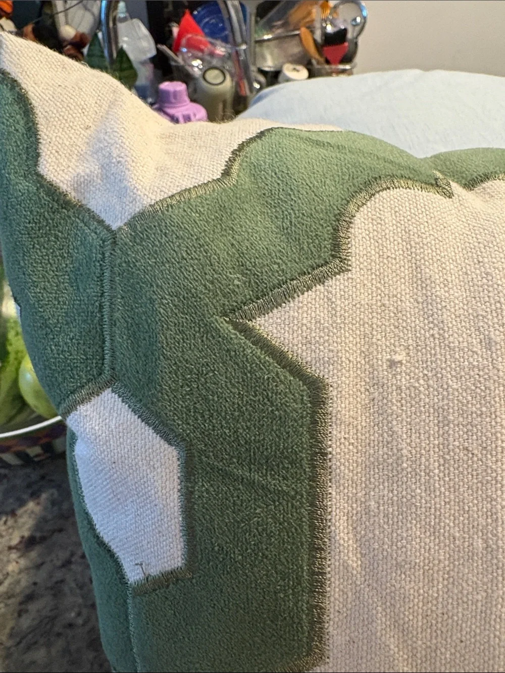 Cream and Green Geometric Accent Pillow